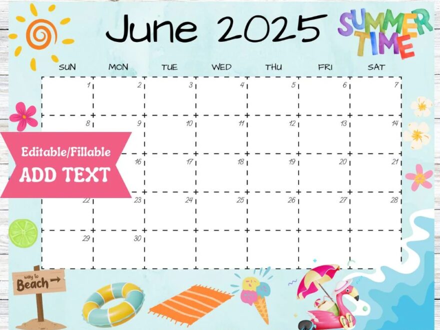 Editable June 2025 Calendar Fillable Printable Wall Digital Download Summer Activity Schedule Cute Beach Ocean Sun Template PDF PNG Etsy