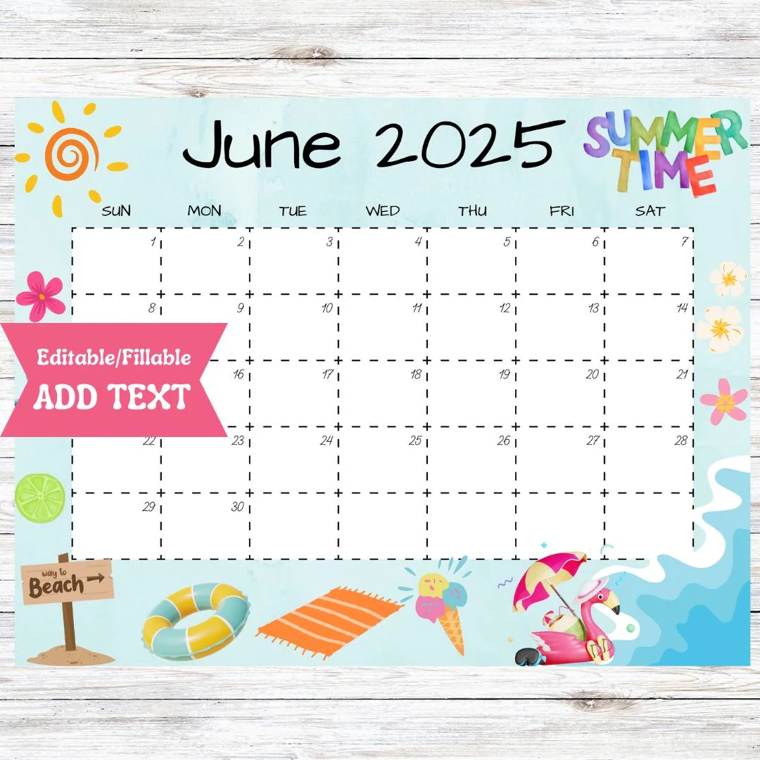 Editable June 2025 Calendar Fillable Printable Wall Digital Download Summer Activity Schedule Cute Beach Ocean Sun Template PDF PNG Etsy