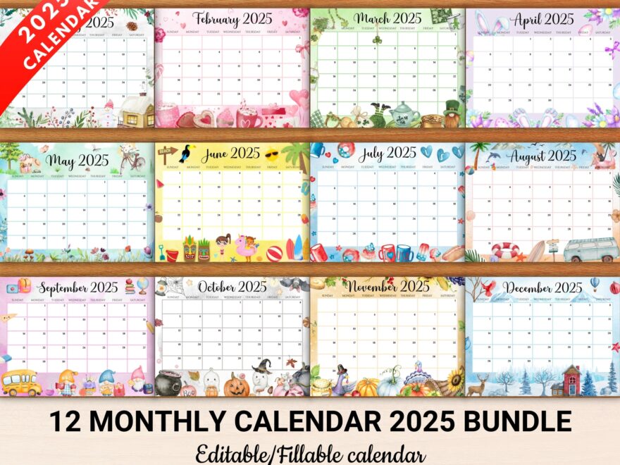EDITABLE Monthly Calendar 2025 12 Beautiful Printable Monthly Calendar 2025 Cute 2025 Planner For Home School Office Instant Download Etsy