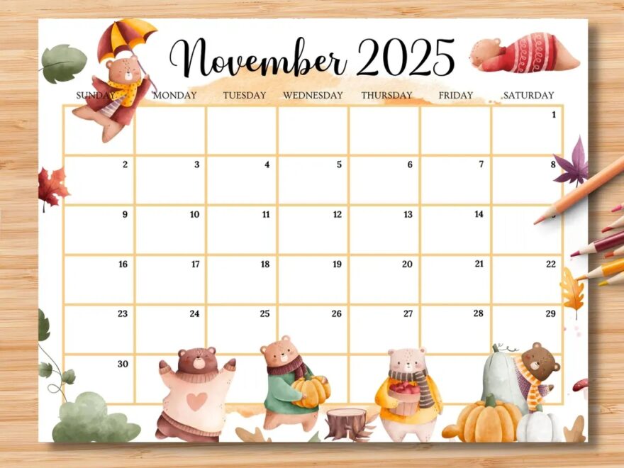 EDITABLE November 2025 Calendar Beautiful Autumn Planner W cute Bears Printable Monthly Calendar For Kid Home Work Office Instant Download Etsy