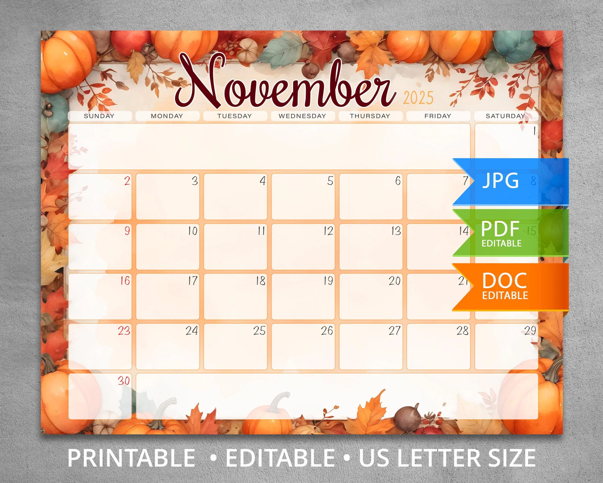 Editable November 2025 Calendar Calendar With Thanksgiving Background Printable Fillable Planner Cute Printable Monthly Calendar Etsy