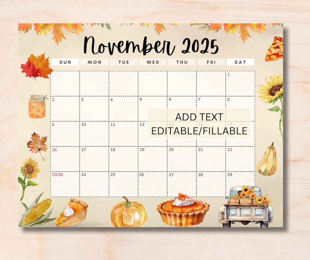 EDITABLE November 2025 Calendar Printable Fillable Planner For Home Monthly Planner School Office Calendar Kids PDF Instant Download Etsy