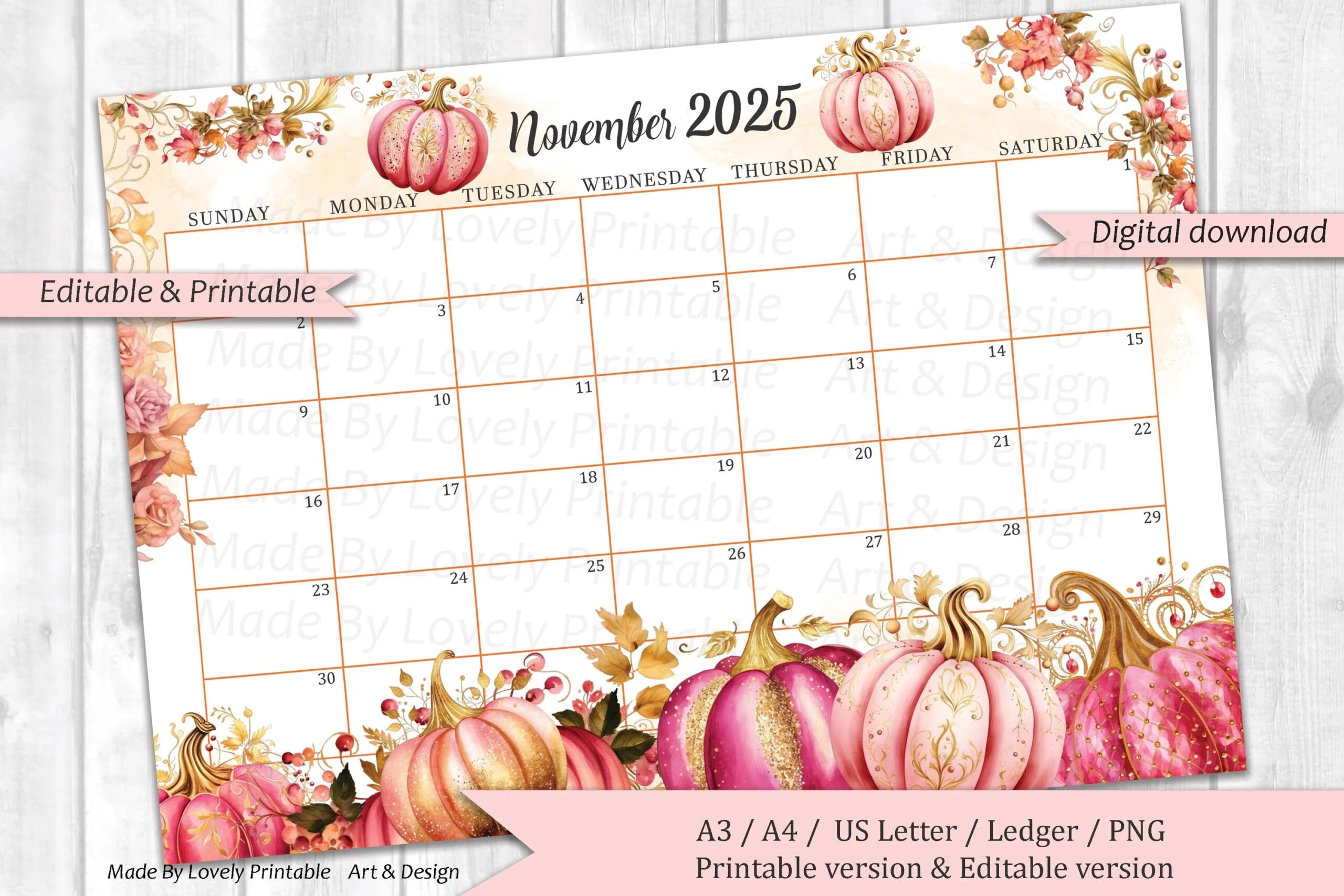 EDITABLE November 2025 Calendar Watercolor Thanksgiving Day Autumn Calendar Pumpkins Printable Fillable Planner Kids School Schedule Etsy