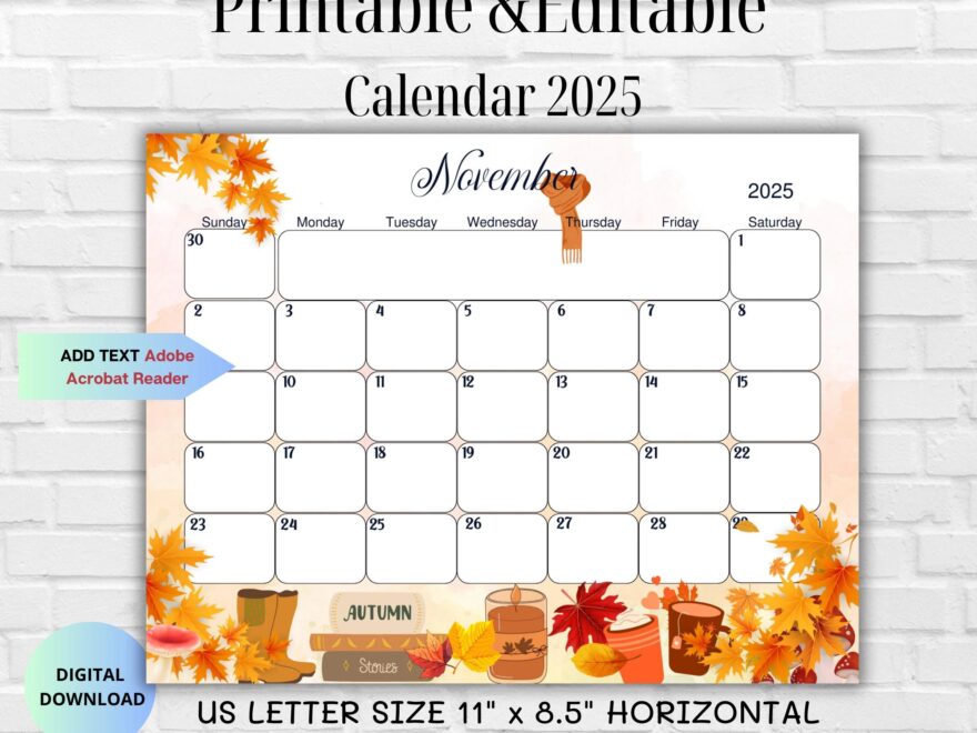 Editable November 2025 Printable Calendar autumn Monthly Planner classroom family Calendar Fillable us Letter Instant Download Start sunday Etsy
