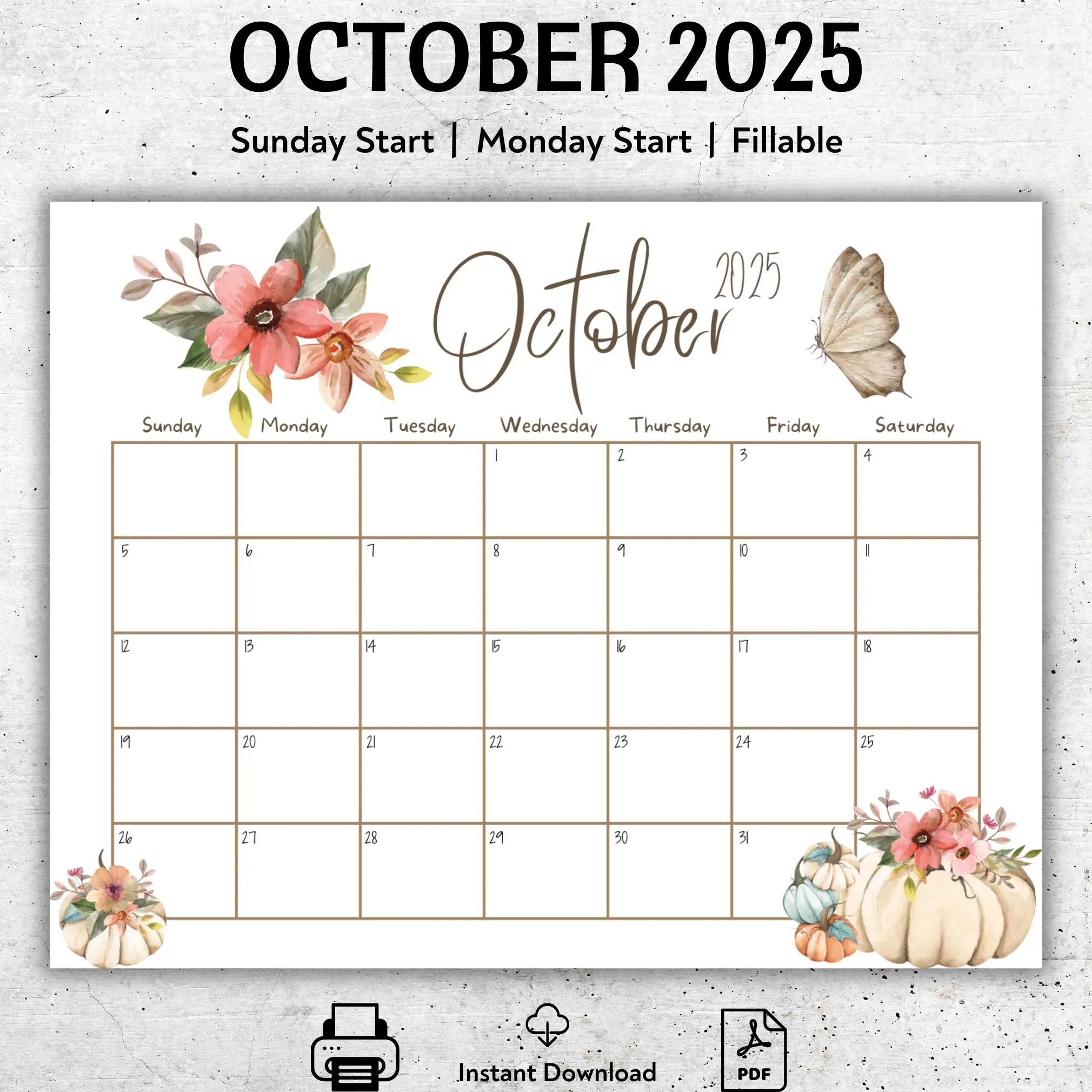 EDITABLE October 2025 Calendar Beautiful Pumpkins Colorful Flowers Stylish And Simple Printable Fillable Planner Weekly Schedule PDF Etsy