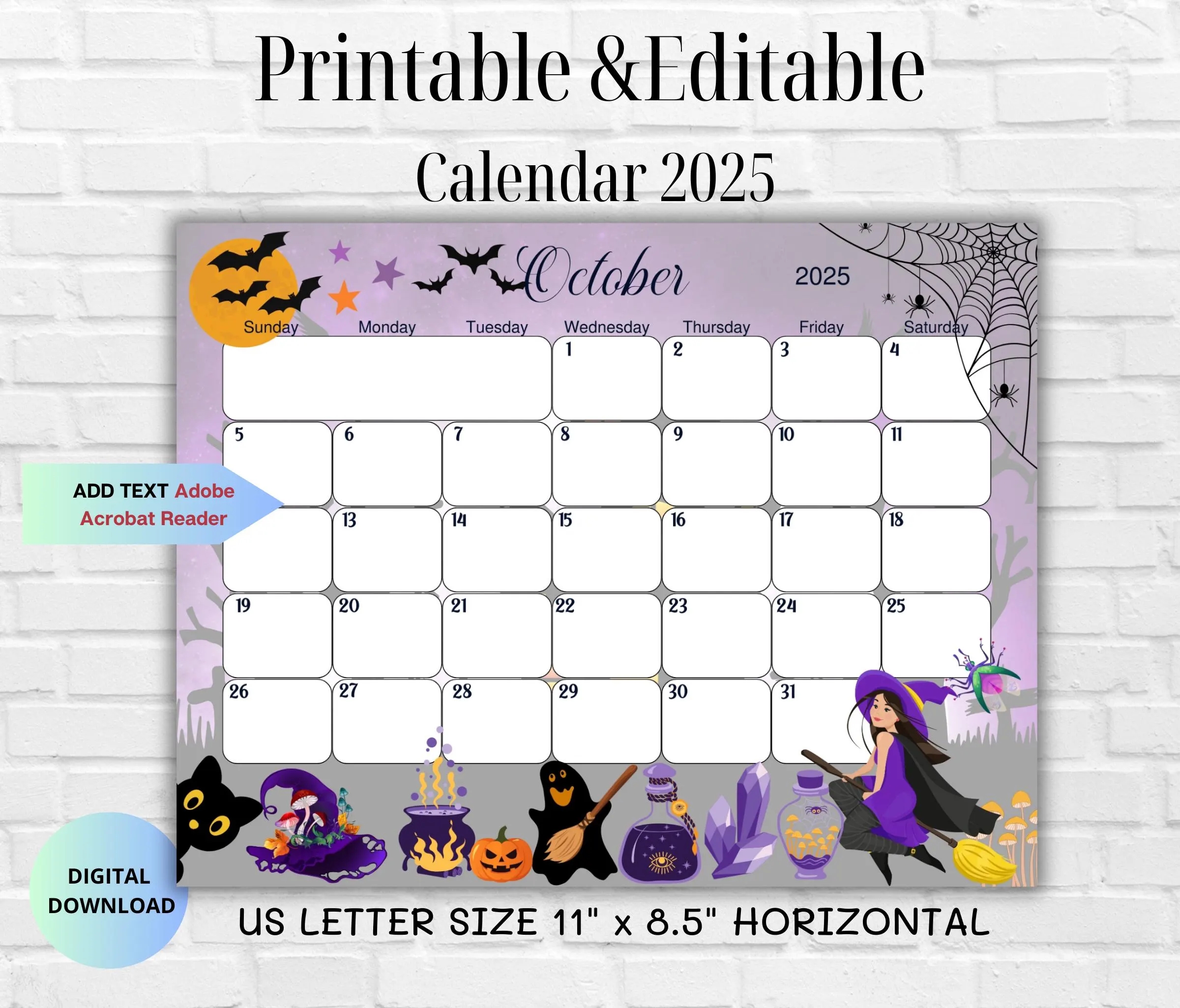 EDITABLE October 2025 Calendar cute Spooky Witch Halloween 2025 Planner witch Printable Editable Calendar Digital Monthly Planner Etsy