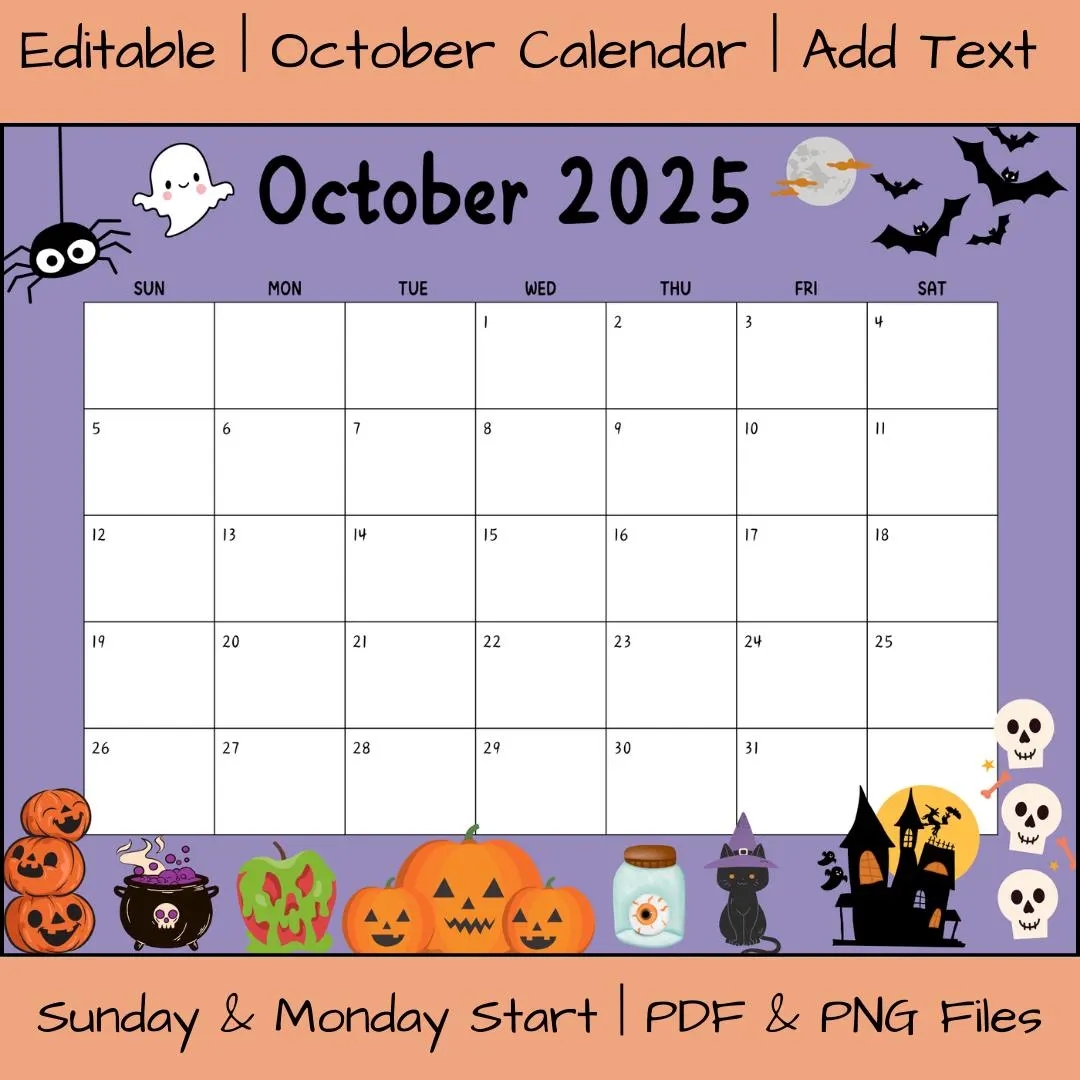 Editable October 2025 Calendar Printable Fillable Digital Download Fall Planner School Office Template Halloween Black Spooky Ghost Etsy