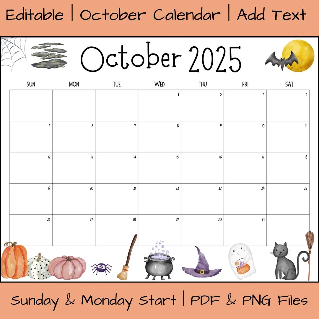 Editable October 2025 Calendar Printable Fillable Digital Download Halloween School Office Activity Planner Fall Spooky Cute Cats Bats Etsy