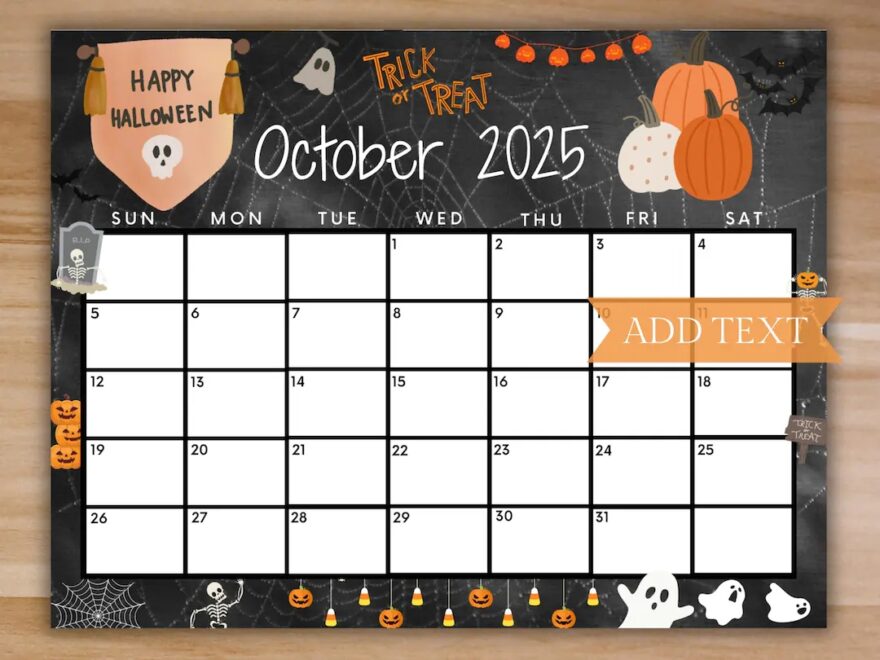Editable October 2025 Calendar Printable Happy Halloween Calendar W Ghost And Pumpkins Scary Trick Or Treat Calendar Monthly Calendar Etsy