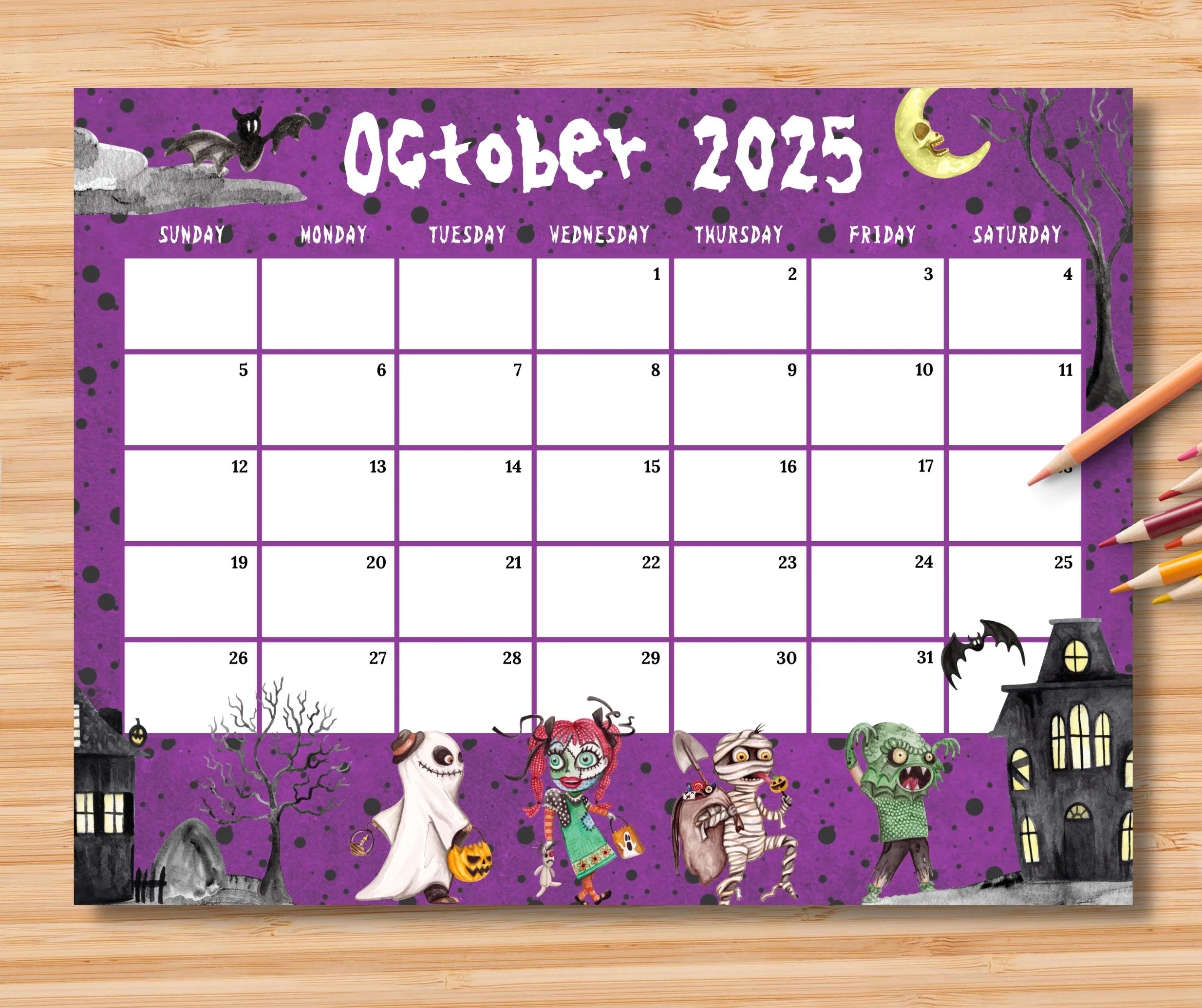 EDITABLE October 2025 Calendar Spooky Halloween Night Party Printable Monthly Calendar For Kids School Home Office Work Instant Download Etsy