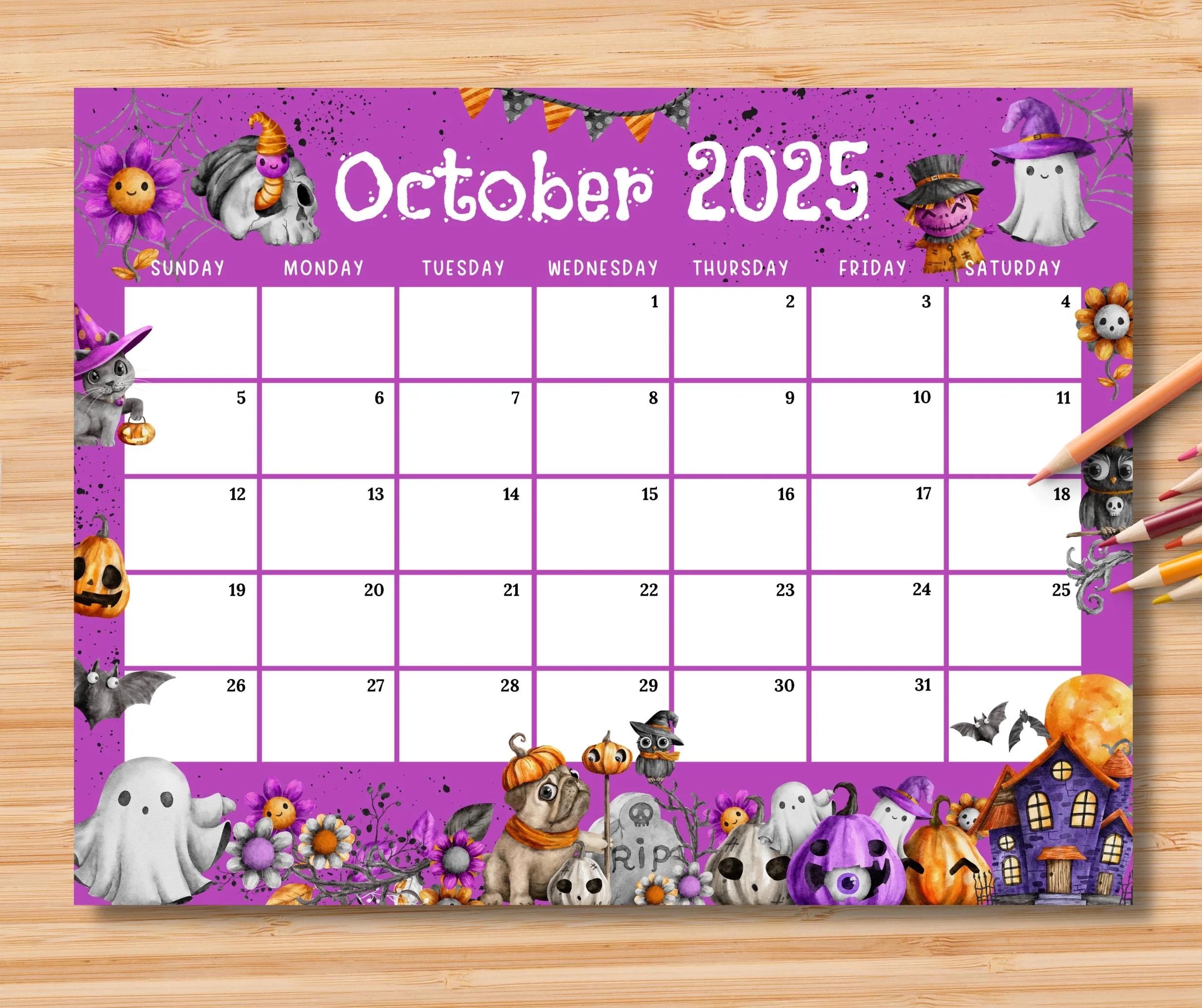 Editable October 2025 Calendar Spooky Halloween W Cute Ghost Skull Printable Monthly Schedule Planner For Kids School Home Office Work Etsy Israel