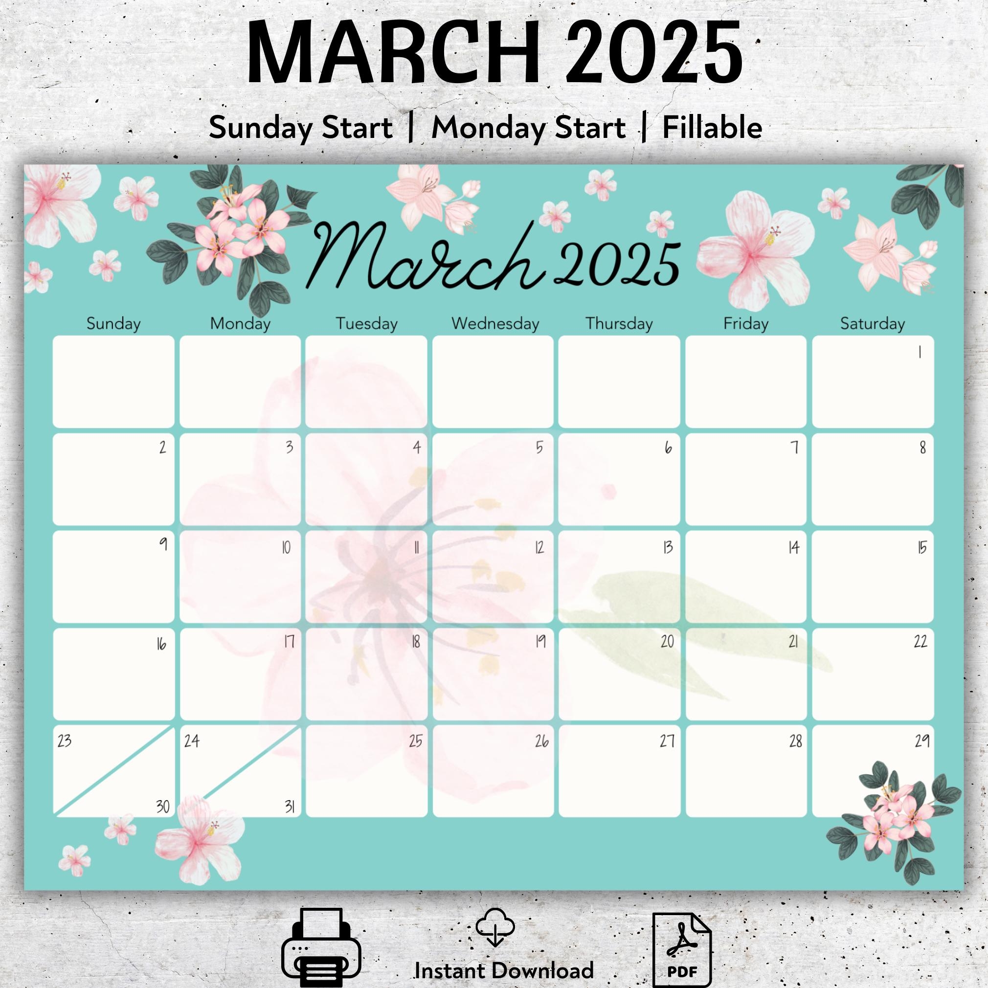 Editable Printable 2025 March Calendar 2025 March Planner Floral Calendar Minimalist Calendar Kids School Schedule Homeschool Planner Etsy