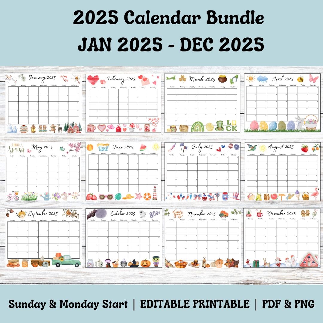 Editable Year Long 2025 Calendar Printable Fillable Whole Year 12 Month Calendar Instant Download Fillable Activity Planner Office Schedule Etsy