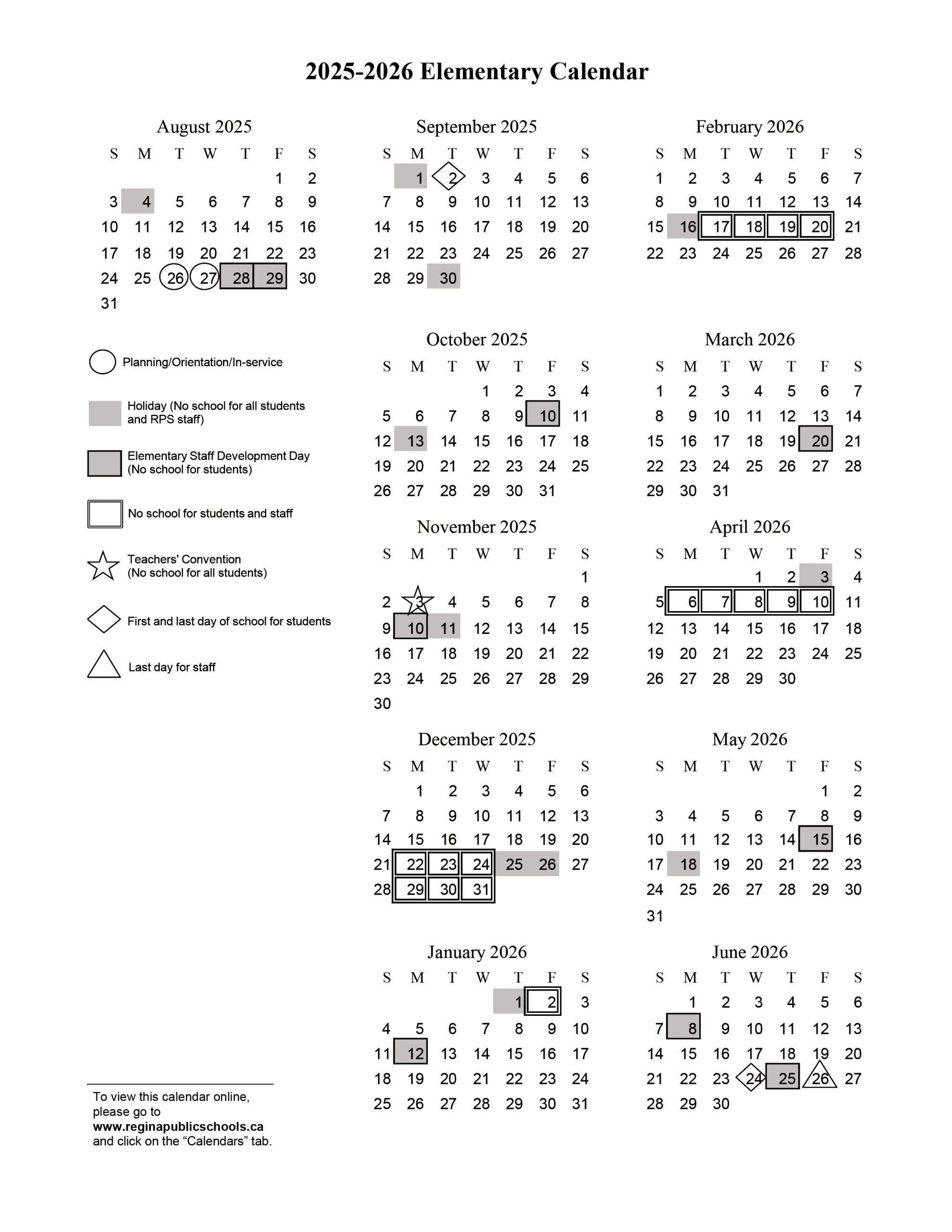 Elementary Calendar 2025 26 Regina Public Schools