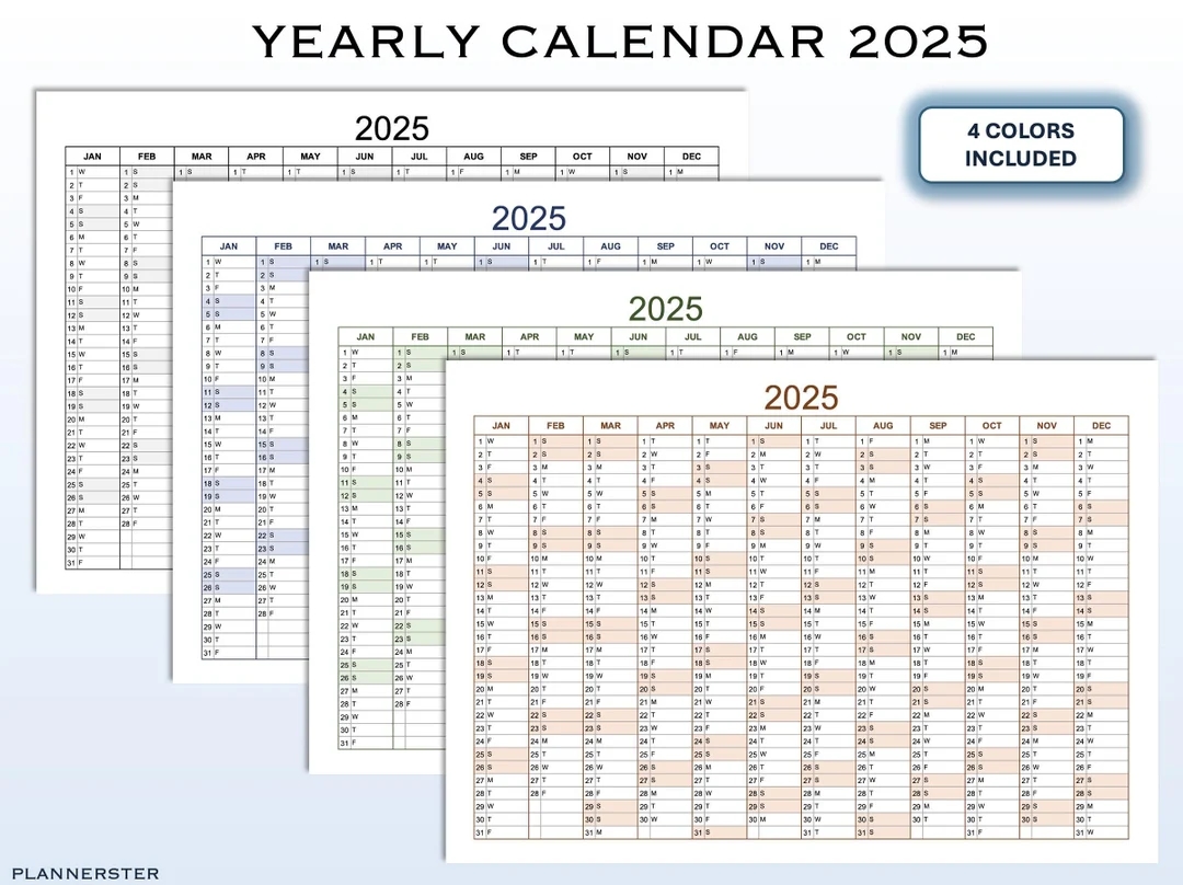 Elevate Your Planning Game With This Printable Yearly Calendar 2025 Year At a glance 2025 Time Management 4 Colors Etsy