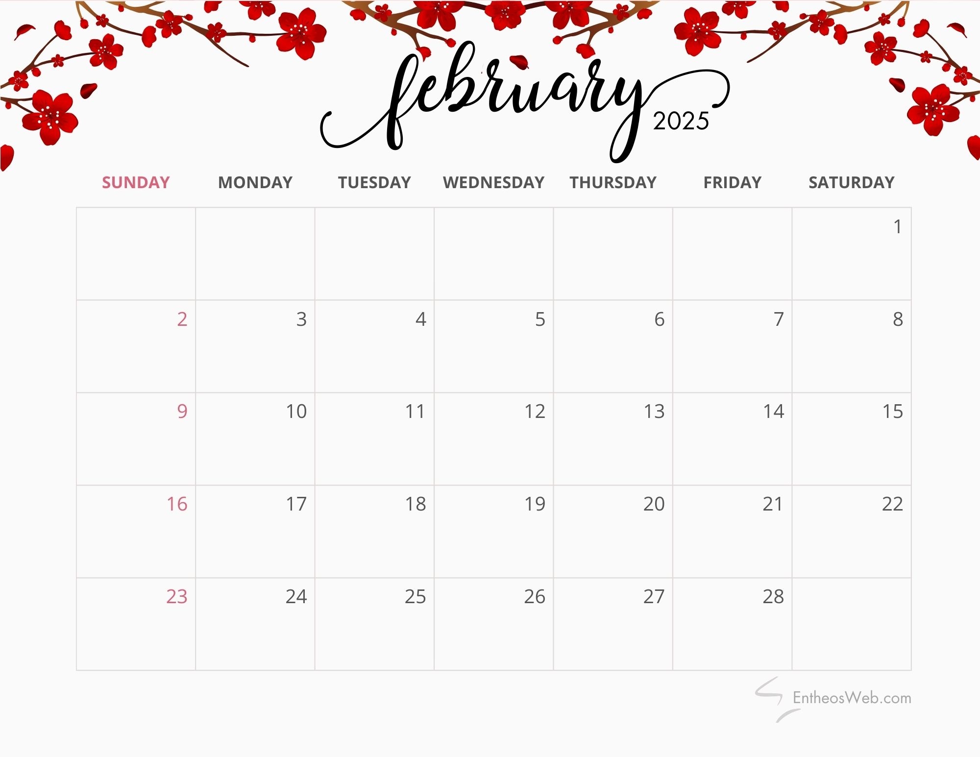 2025 Red Blank Calendar