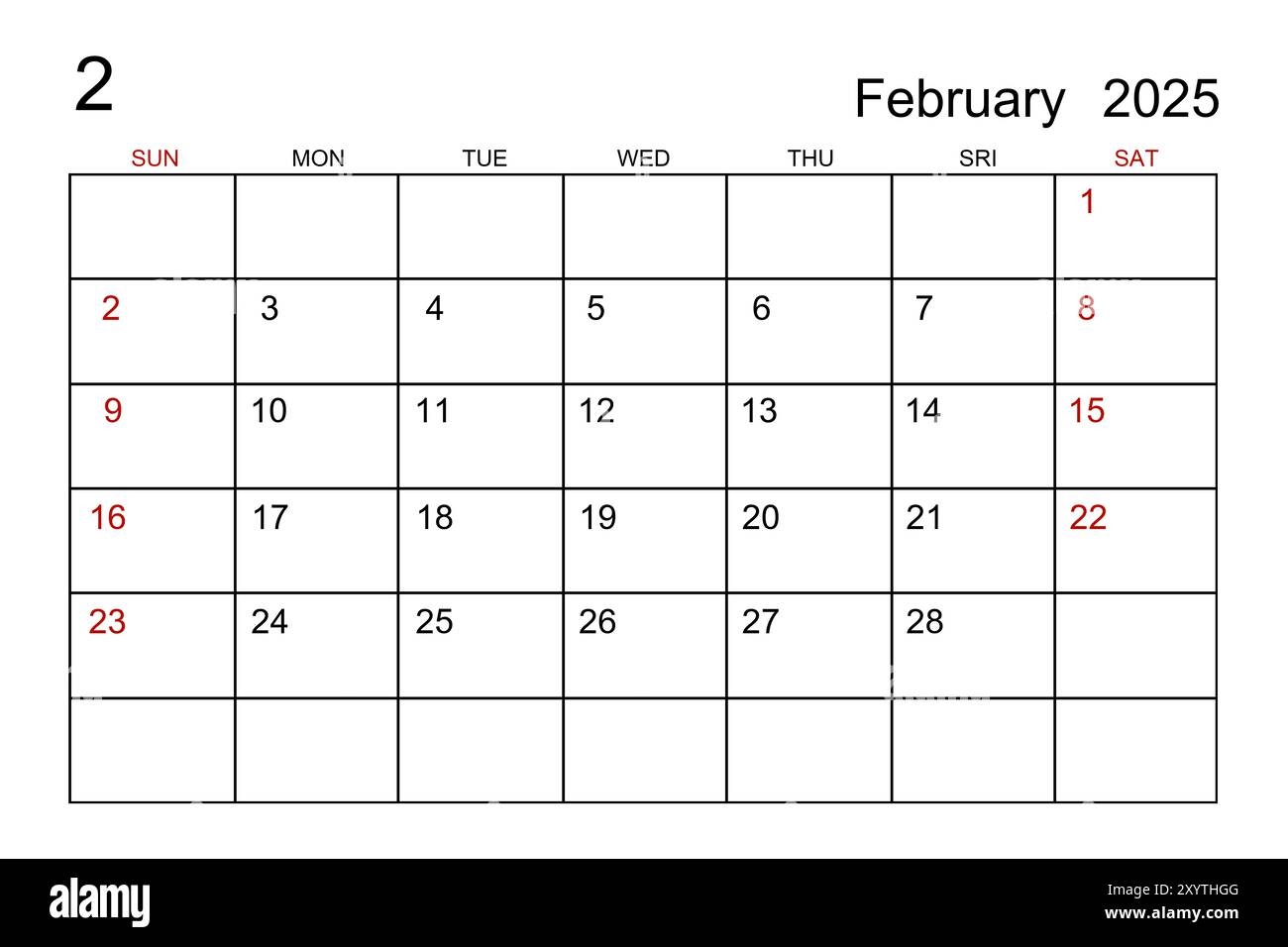 February 2025 Calendar Template On White Paper Background Stock Photo Alamy