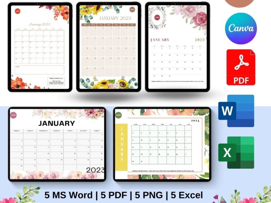 Floral January 2025 Calendar Template In PDF Word Excel