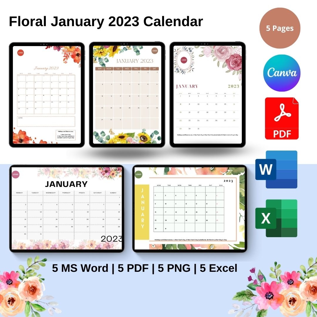 Floral January 2025 Calendar Template In PDF Word Excel