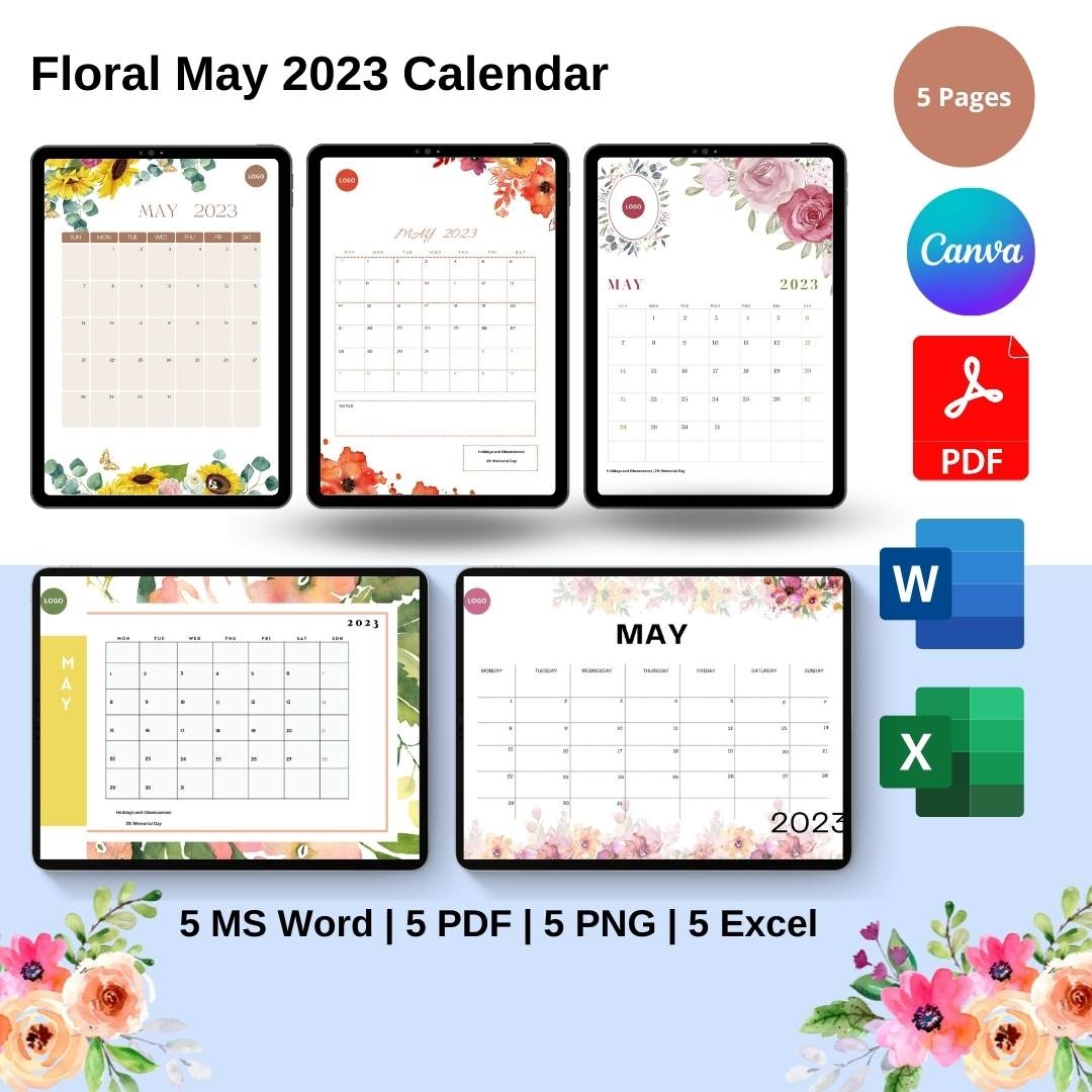Floral May 2025 Calendar Template In PDF Word Excel
