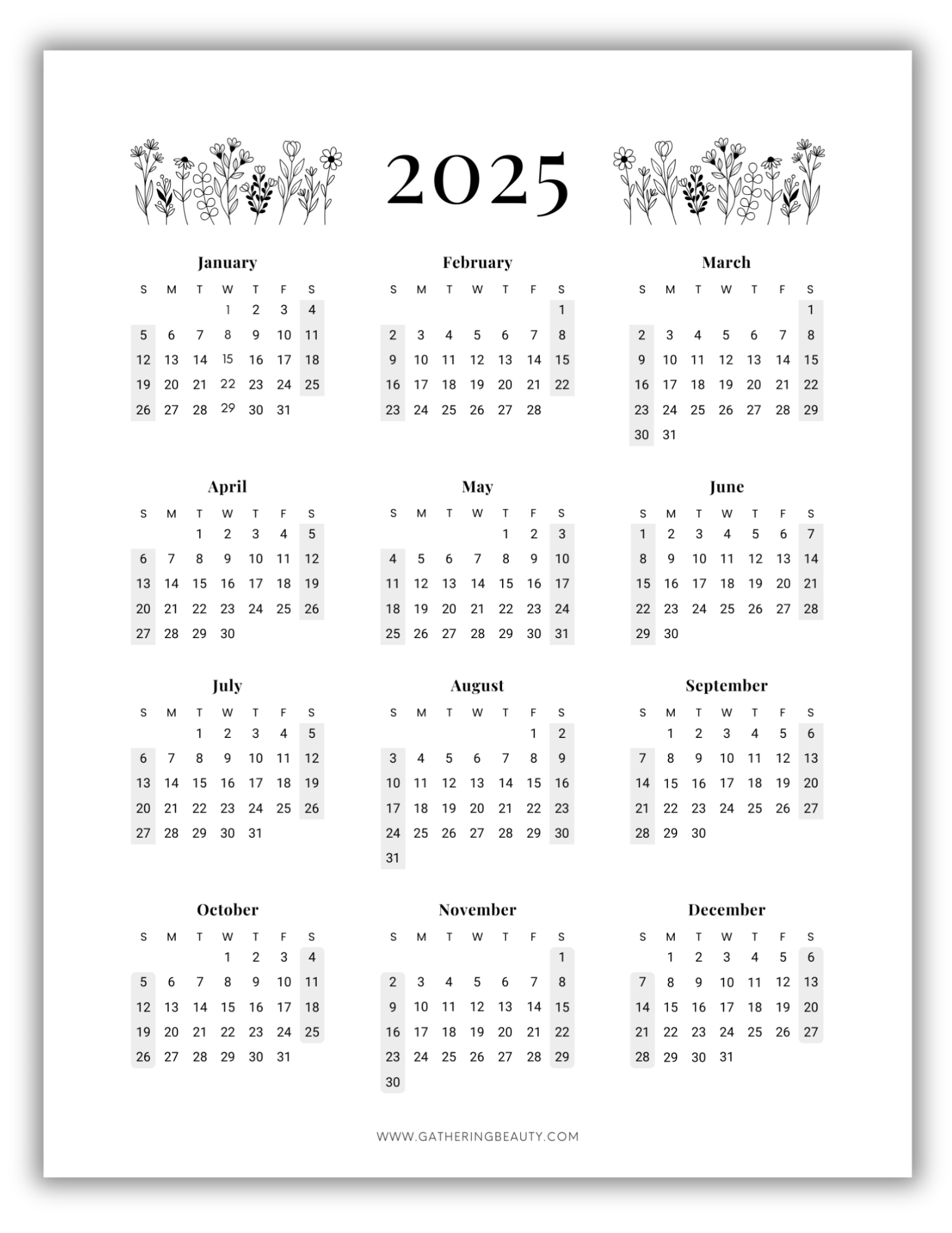 2025 Blank One Page Calendar