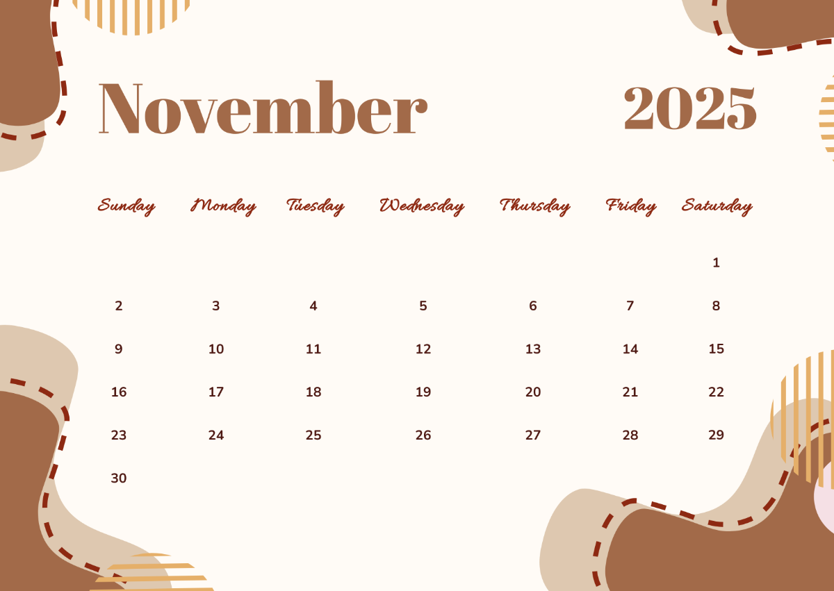 Blank November 2025 Thanksgiving Calendar