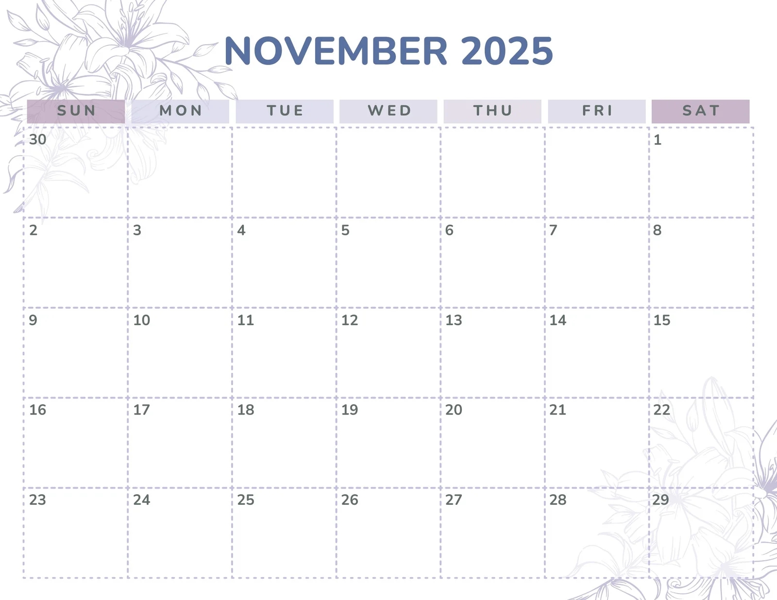 Blank 2025 Calendar Pages November