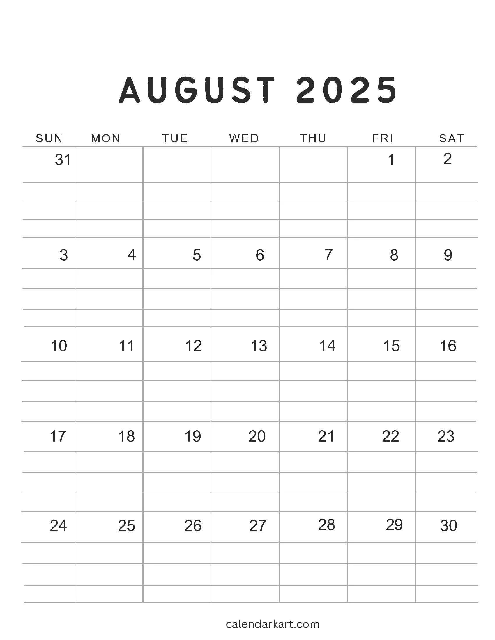 Cute Blank Printable Monthly Calendar 2025