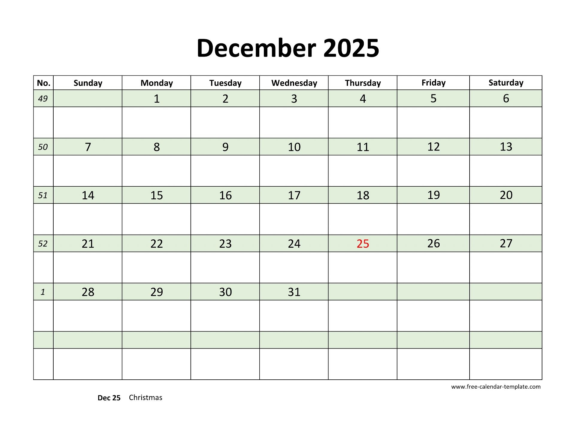 Blank December 2025 Decemeber Calendar