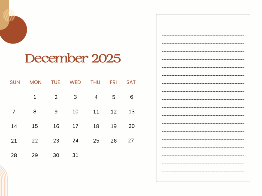 Free December 2025 Calendar With Lined Note Pad Template To Edit Online