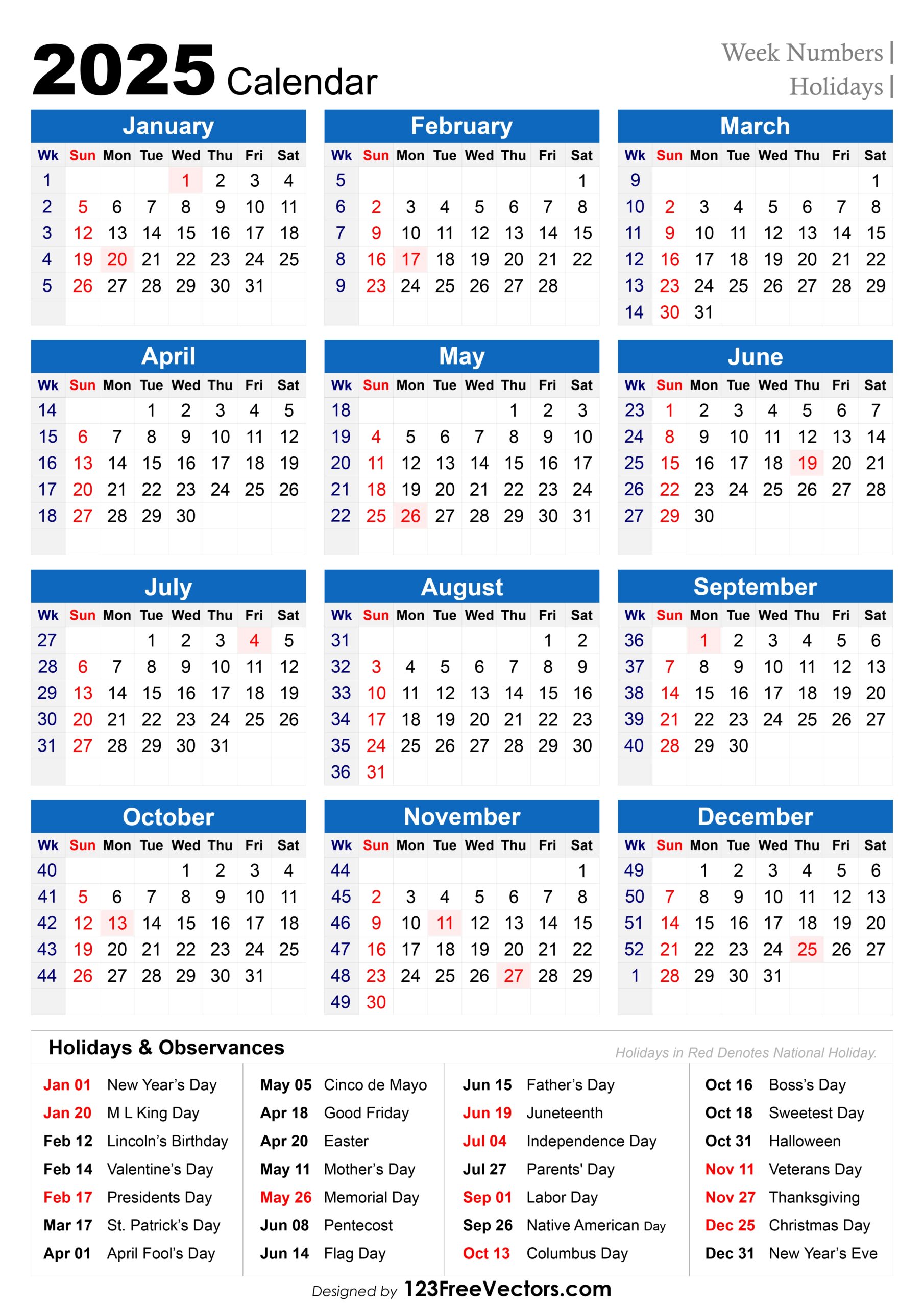 Blank Calendar 2025 No Week Numbers