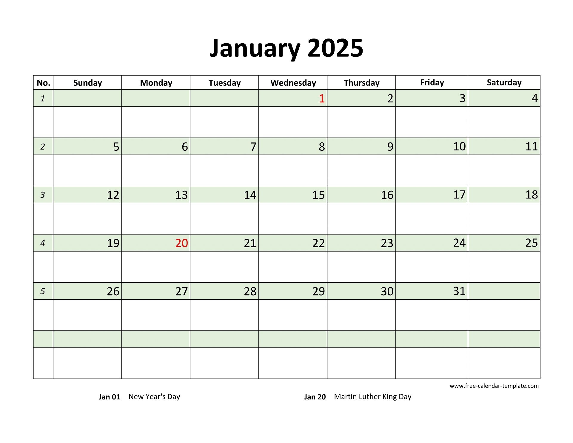 Free January 2025 Calendar Coloring On Each Day horizontal Free Calendar template