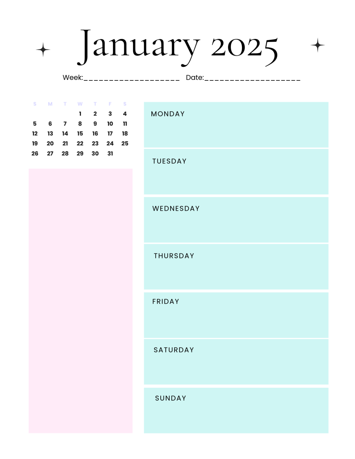 Blank Printable Weekly Calendar 2025