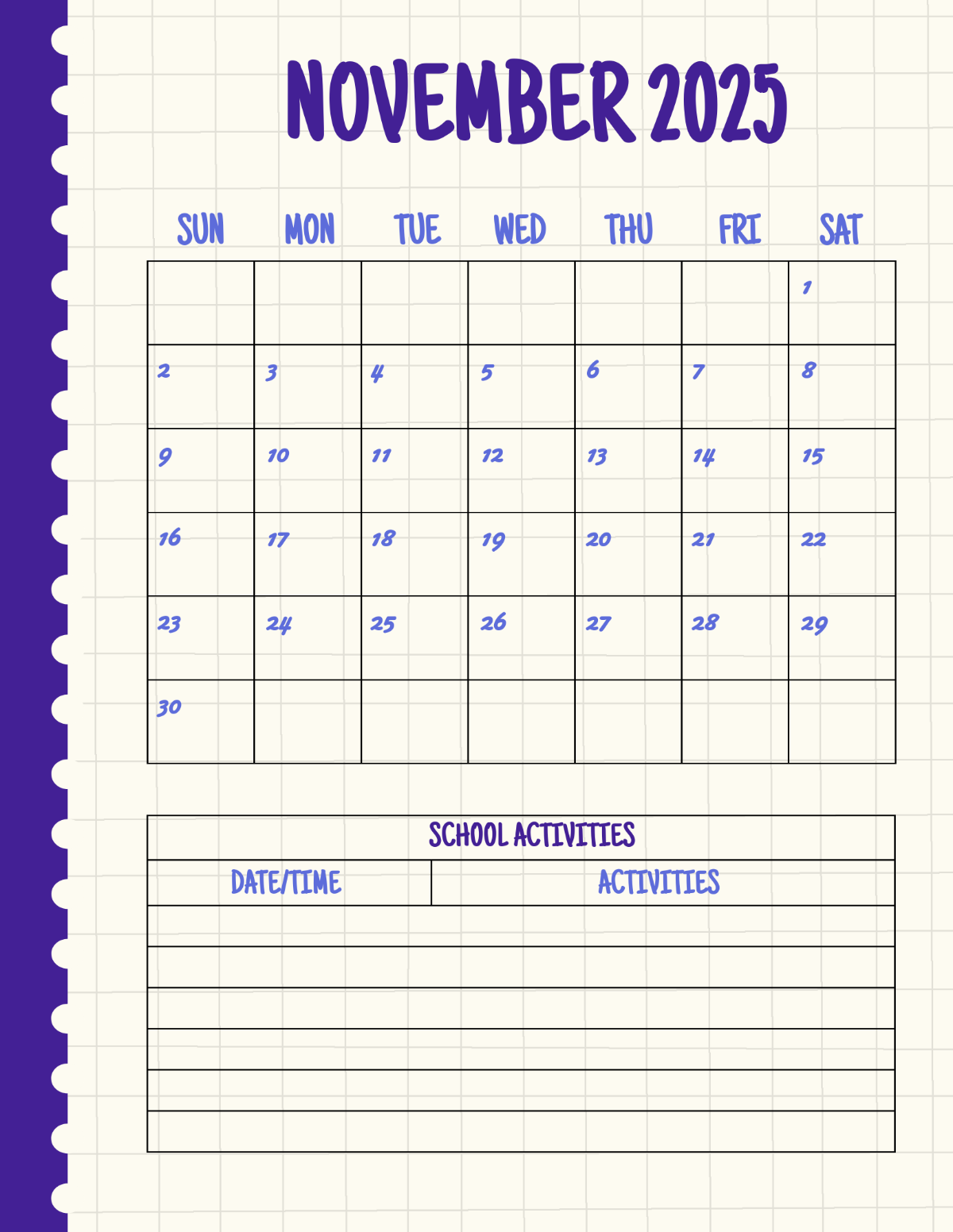 Blank Editablt November 2025 Calendar
