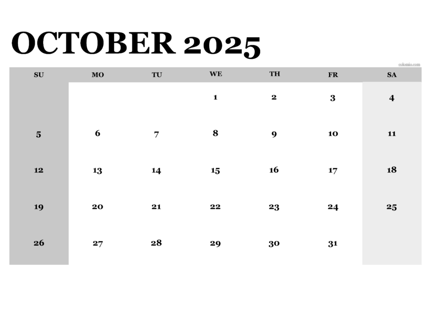 Free October 2025 Calendar Printable PDF XLS PNG Formats