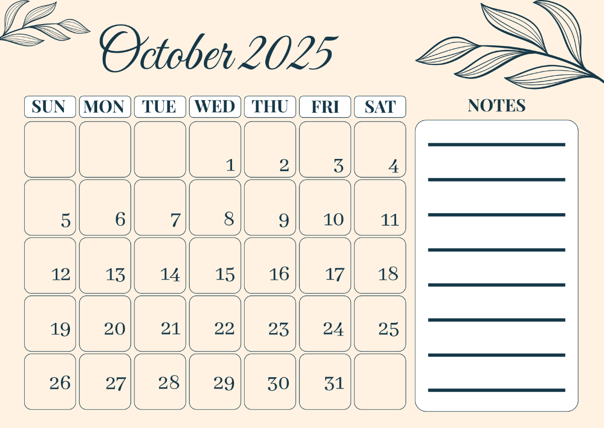 Free October 2025 Calendar With Notes Template To Edit Online