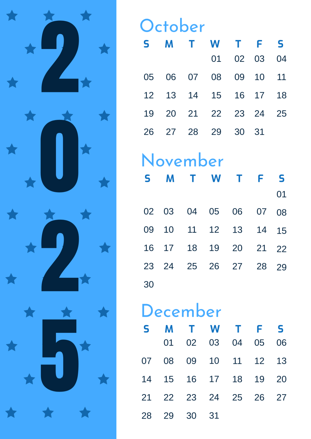 Blank October Through December 2025 Calendar