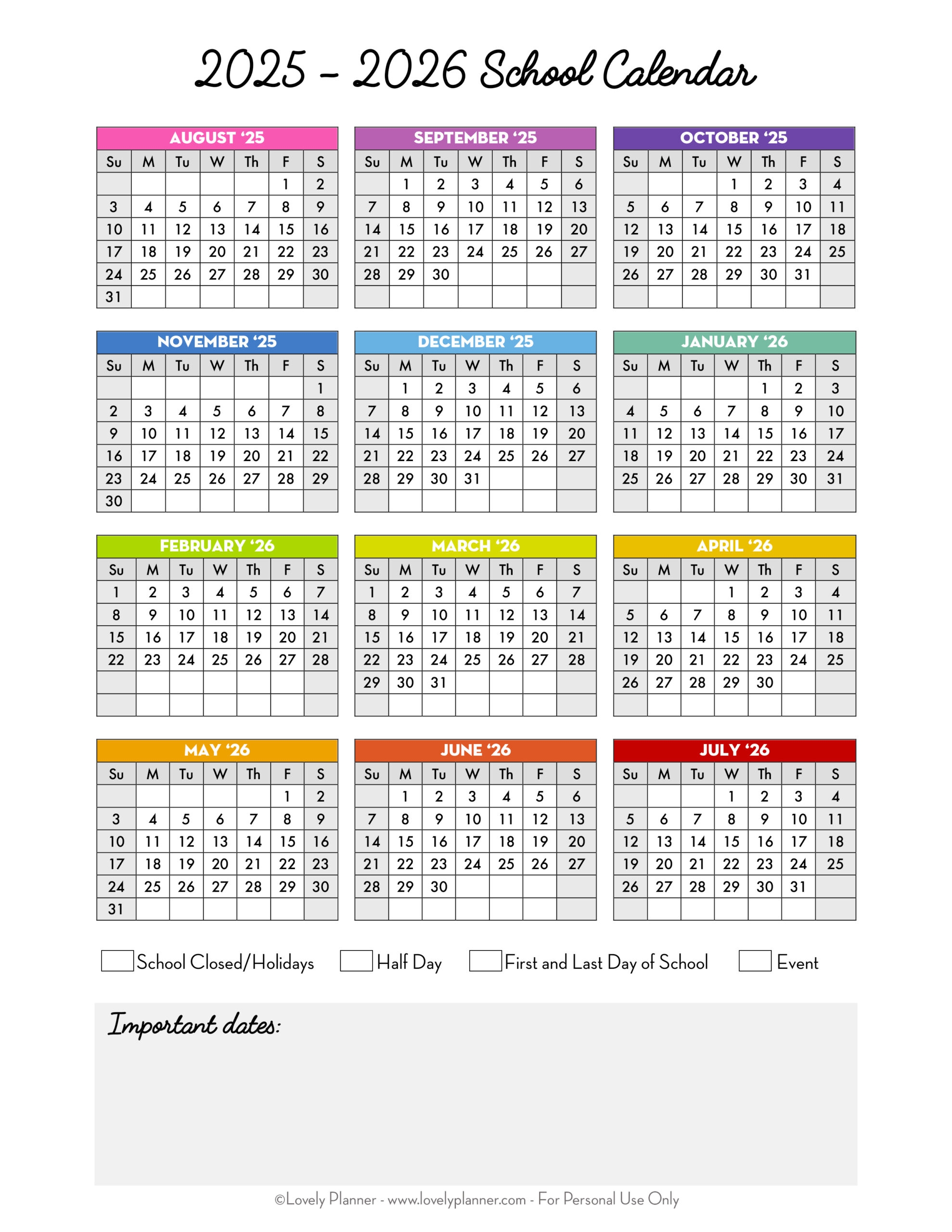 Free Printable 2025 2026 School Calendar One Page Academic Calendar Lovely Planner