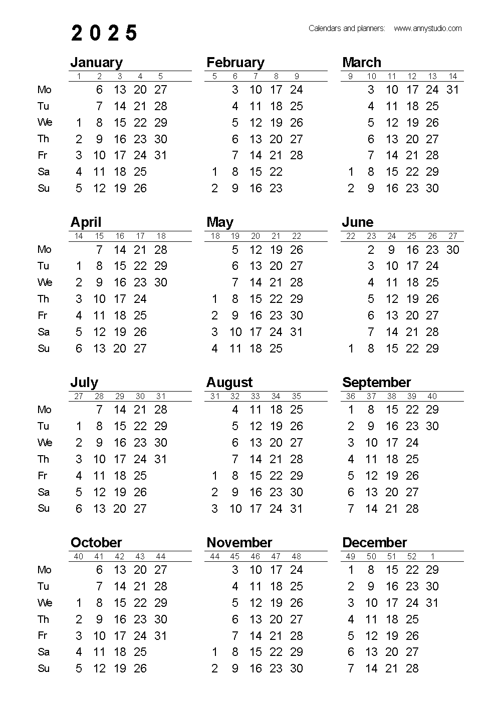 2025 Blank Horizontal Calendar