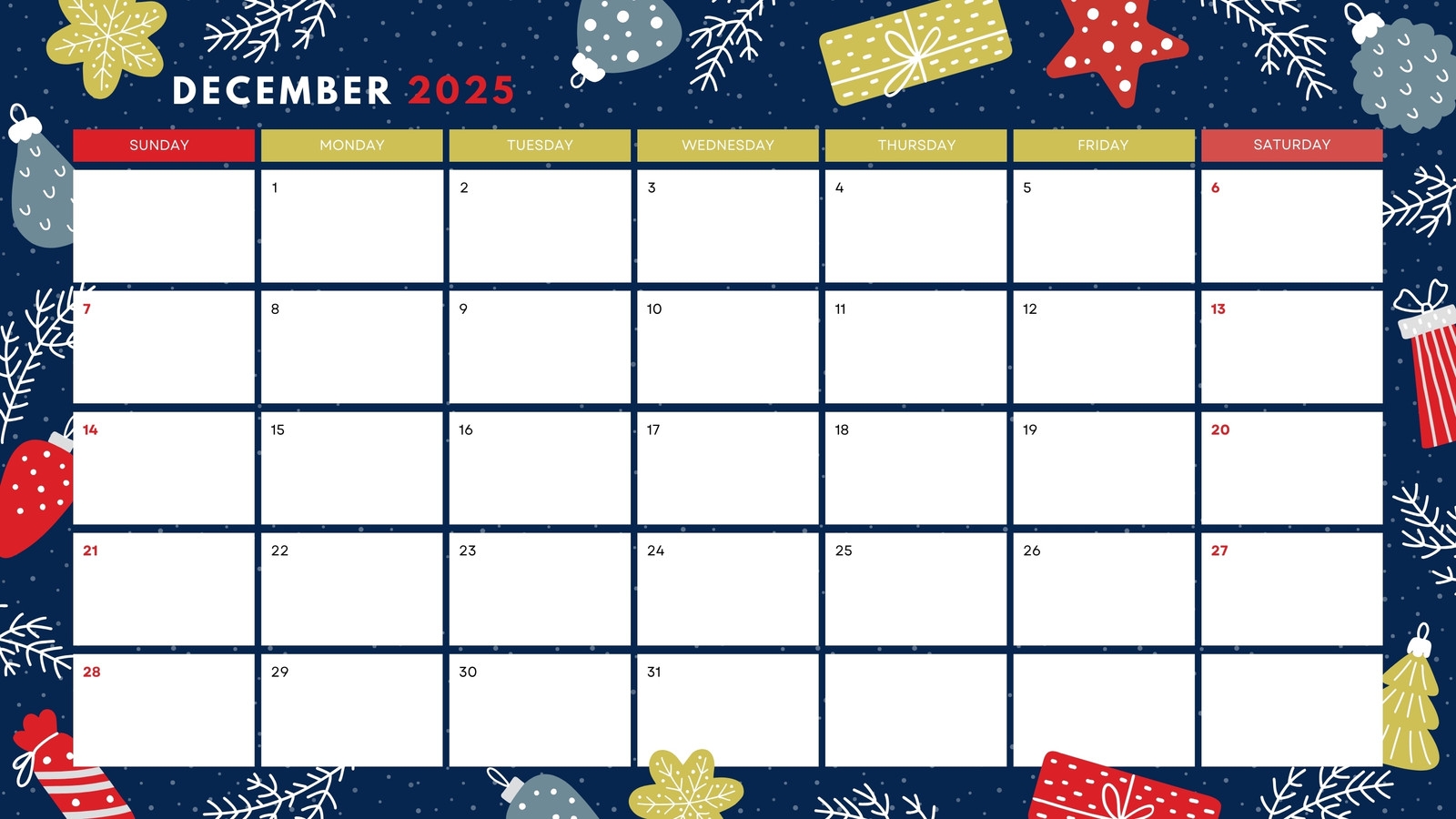 Free Printable December 2025 Calendar Templates Canva