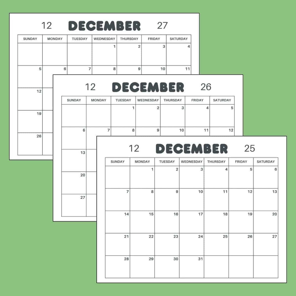 Free Printable December Calendar 2025 2026 2027 PDF Editable Canva Template