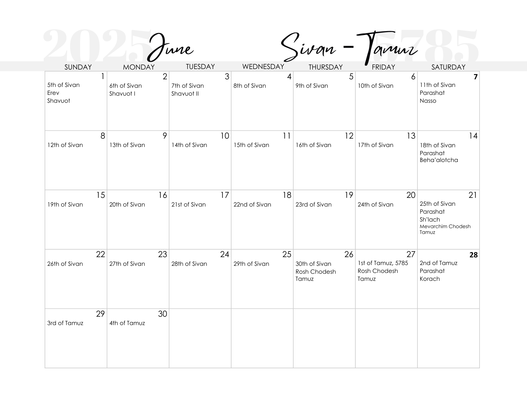FREE Printable Jewish Calendar 2024 And 2025
