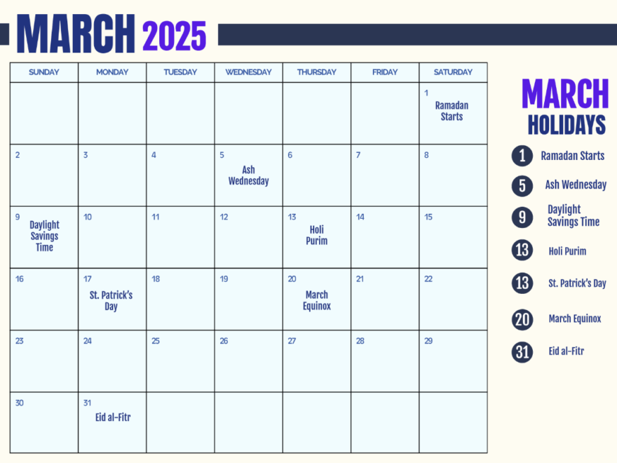 Free Printable March 2025 Calendar With Holidays Template To Edit Online