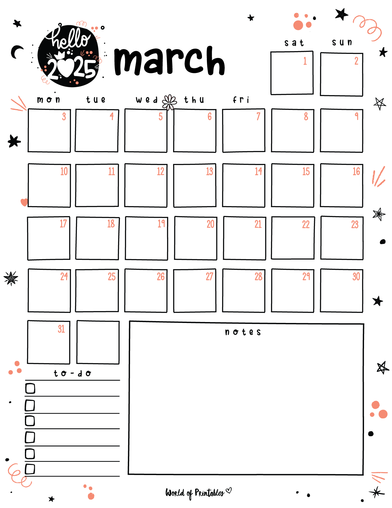 Cute Blank Calendar Template 2025