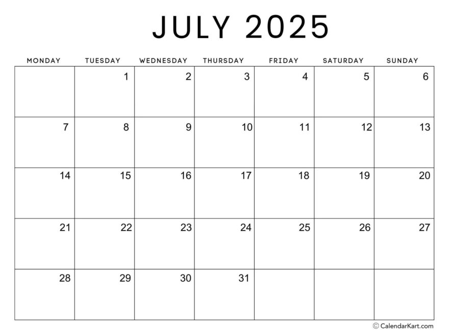 Free Printable Monday Start Calendars 2025 Calendarkart