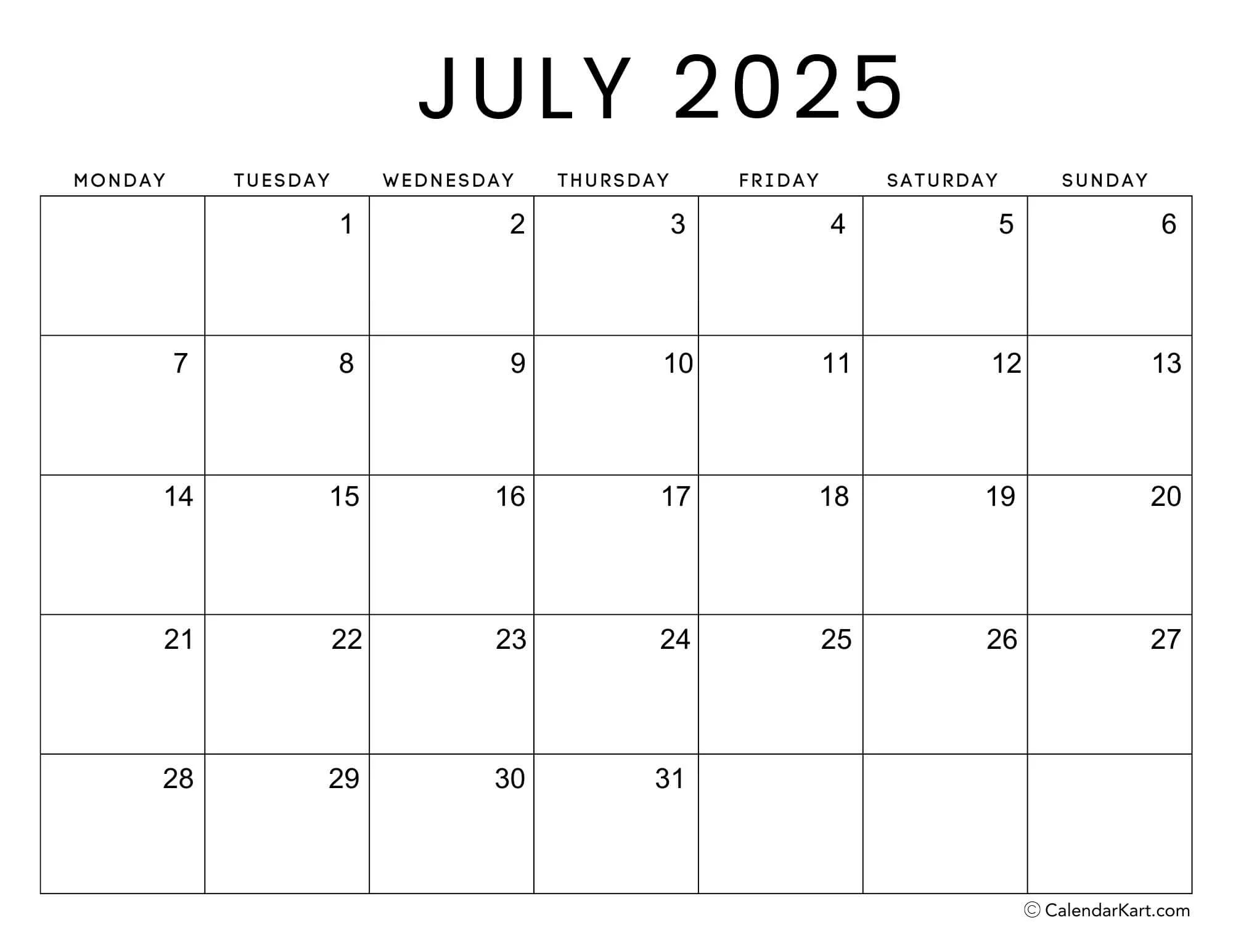 Free Printable Monday Start Calendars 2025 Calendarkart