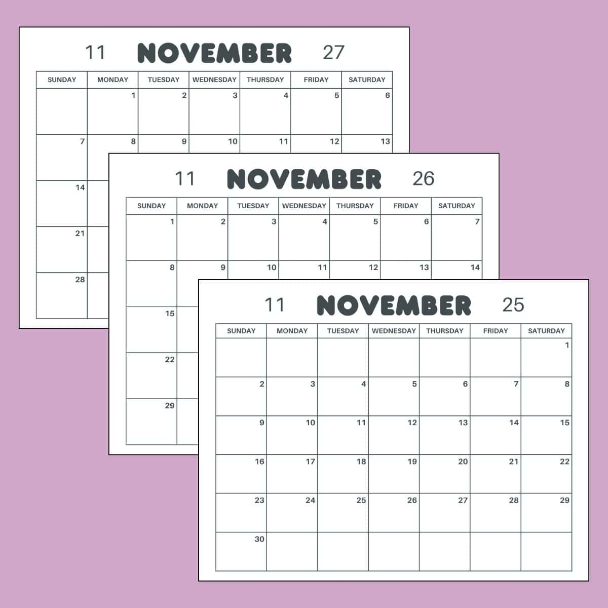 Free Printable November Calendar 2025 2026 2027 PDF Editable Canva Template