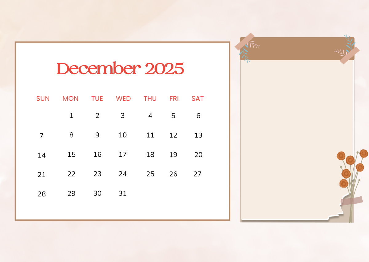Free Simple December 2025 Calendar With Notes Template To Edit Online