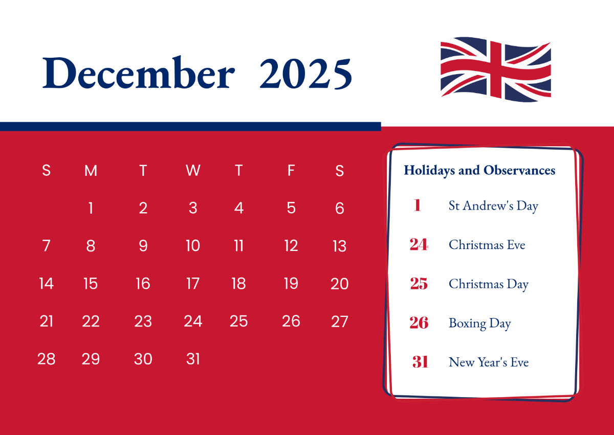 Free UK December 2025 Calendar With Holidays Template To Edit Online