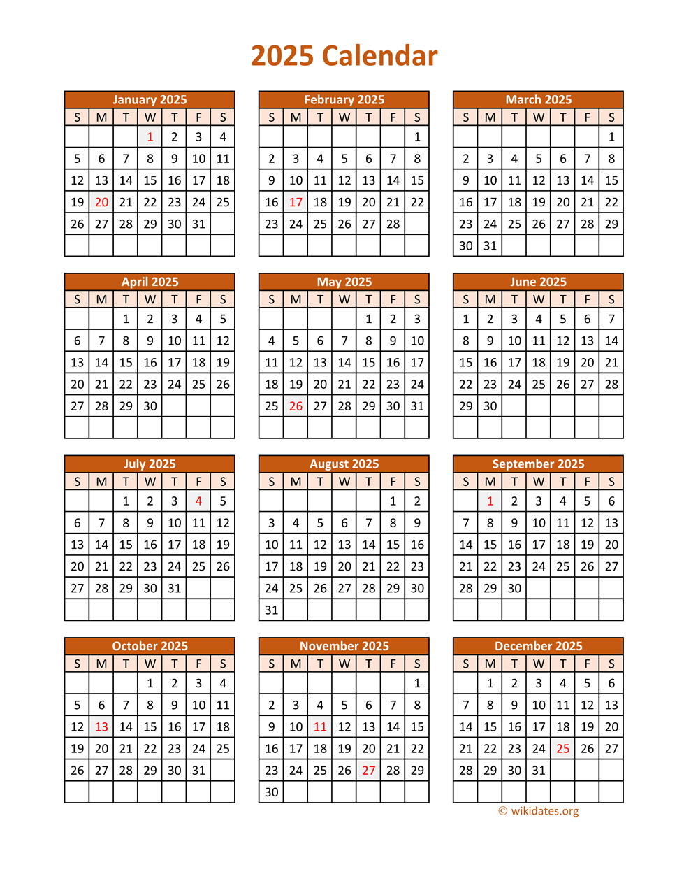 2025 Full Calendar Blank